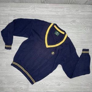 Vintage retro jantzen sweater blue with gold trim and torch fire  logo size medi